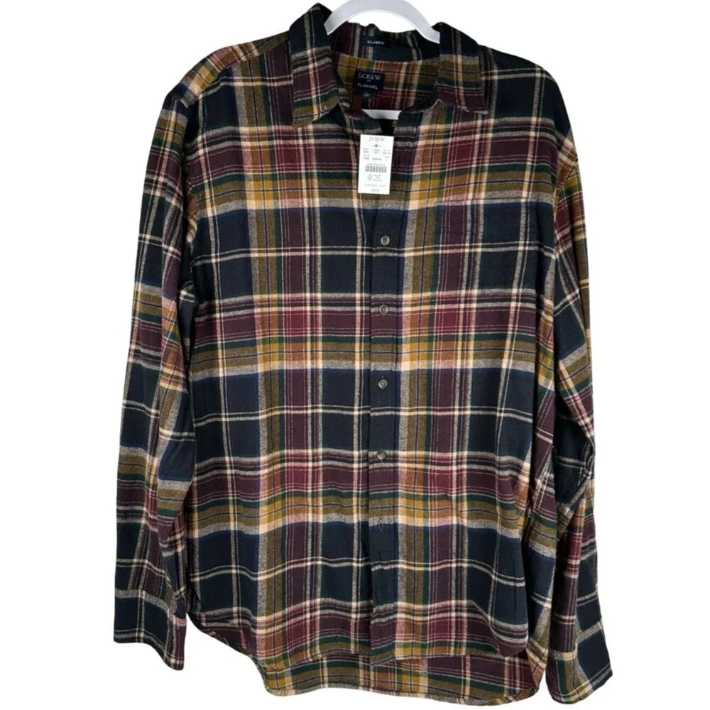 J. Crew Classic Plaid Flannel Navy Burgundy Button Up Collared Shirt Large NWT